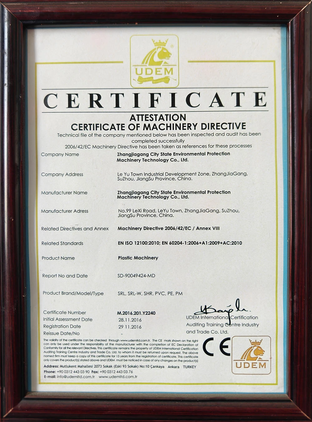 ATTESTATION CERTIFICATE OF MACHINERY DIRECTIVE ATTESTATION CERTIFICATE OF MACHINERY DIRECTIVE